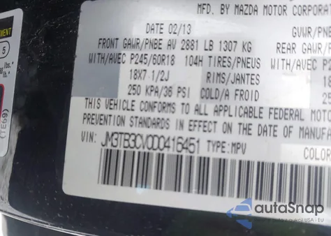 2013 Mazda Cx-9 Touring z USA, uszkodzony, nr VIN JM3TB3CV0D0416451